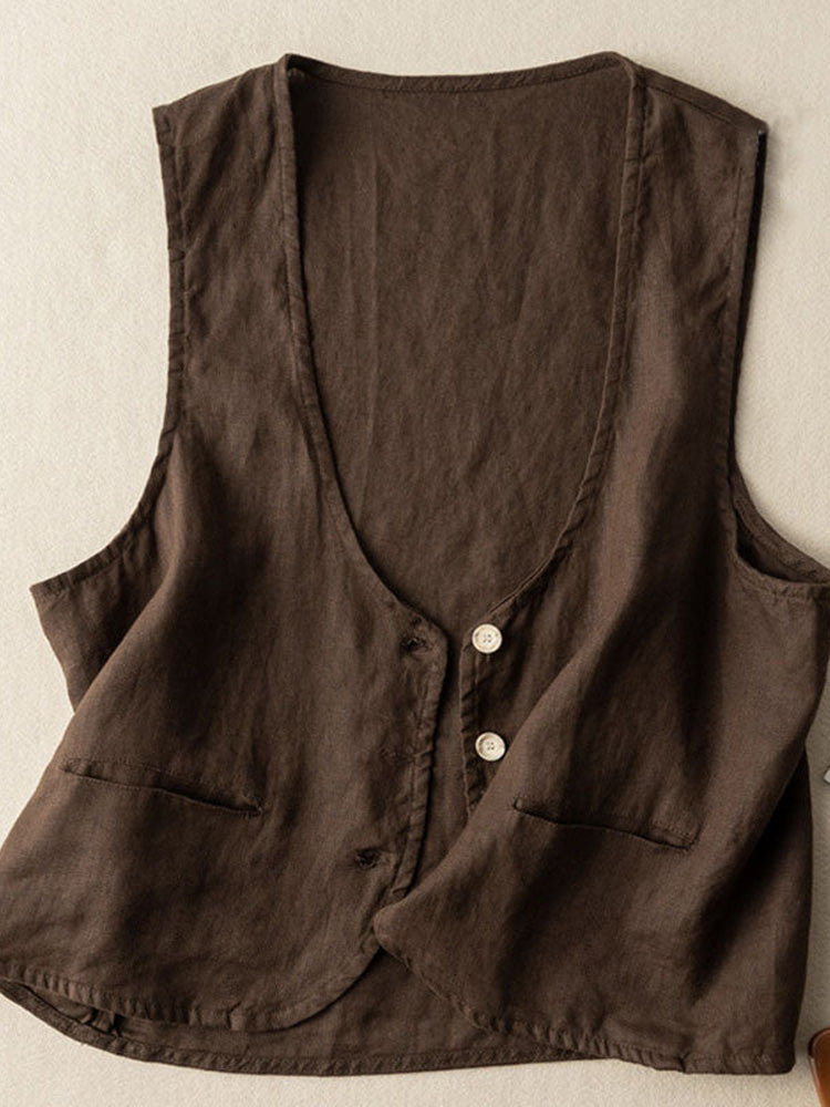 Vintage Linen Blend Pocket Vest