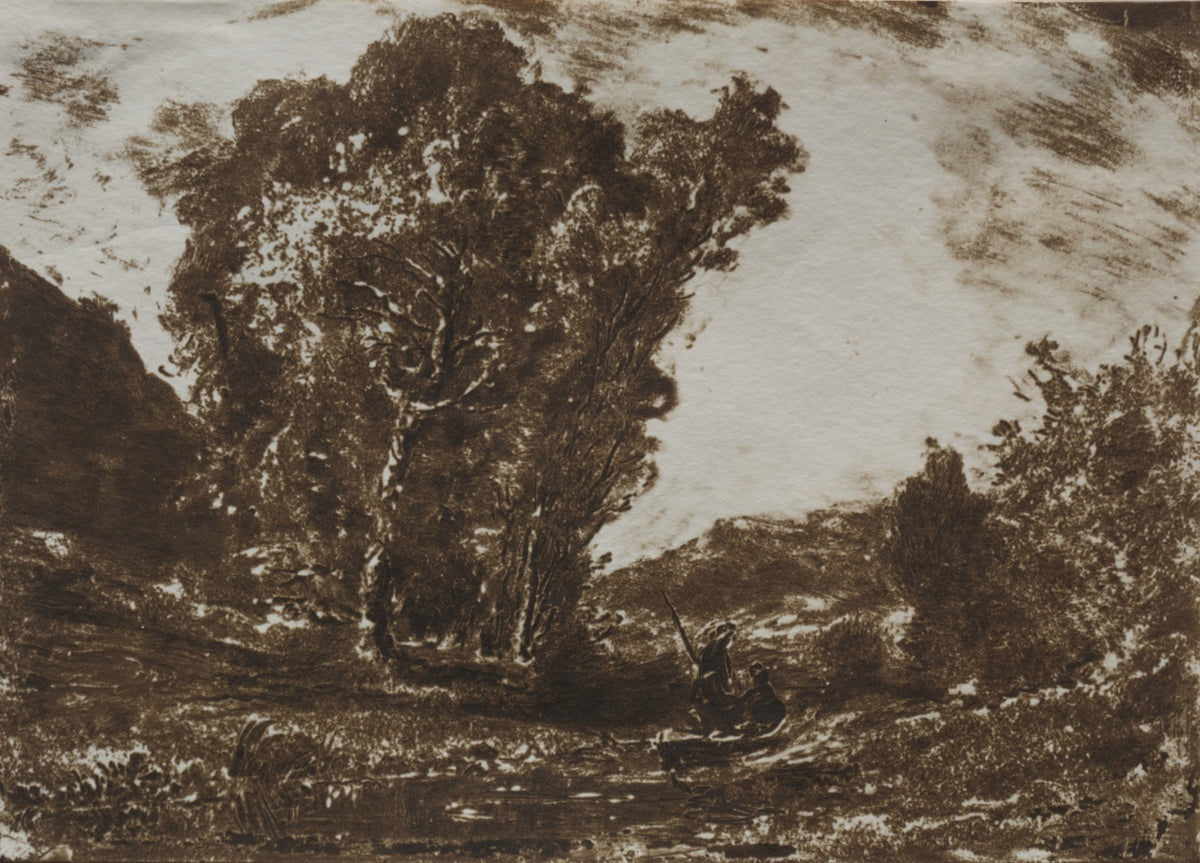 Two Boatmen in a Marsh near a Cluster of Trees by Henri-Joseph-Constant Dutilleux (French, 1807–1865) - Classic Painting canvas print