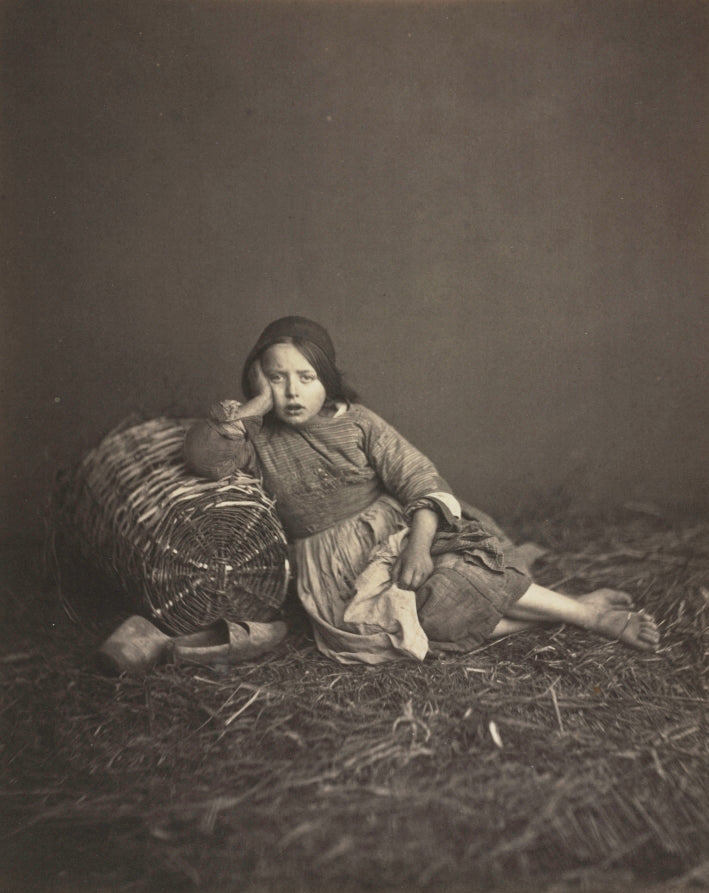 Young Girl Seated on Straw, Leaning on a Basket by Edmond Bacot (French, 1814–1875) - Classic Art canvas print