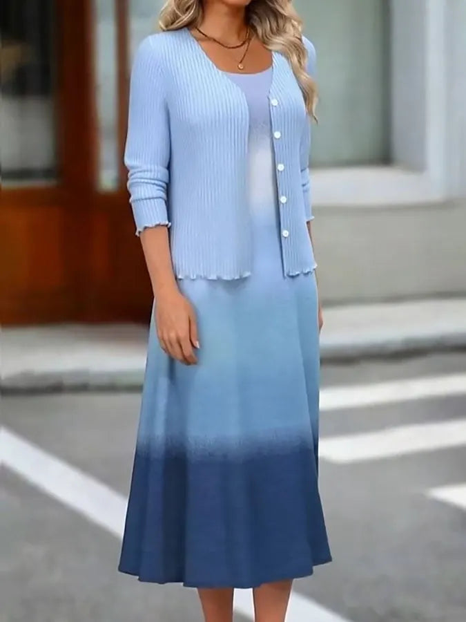 Women's Casual Round Neck Vest Gradient Dress Plus Cardigan Set