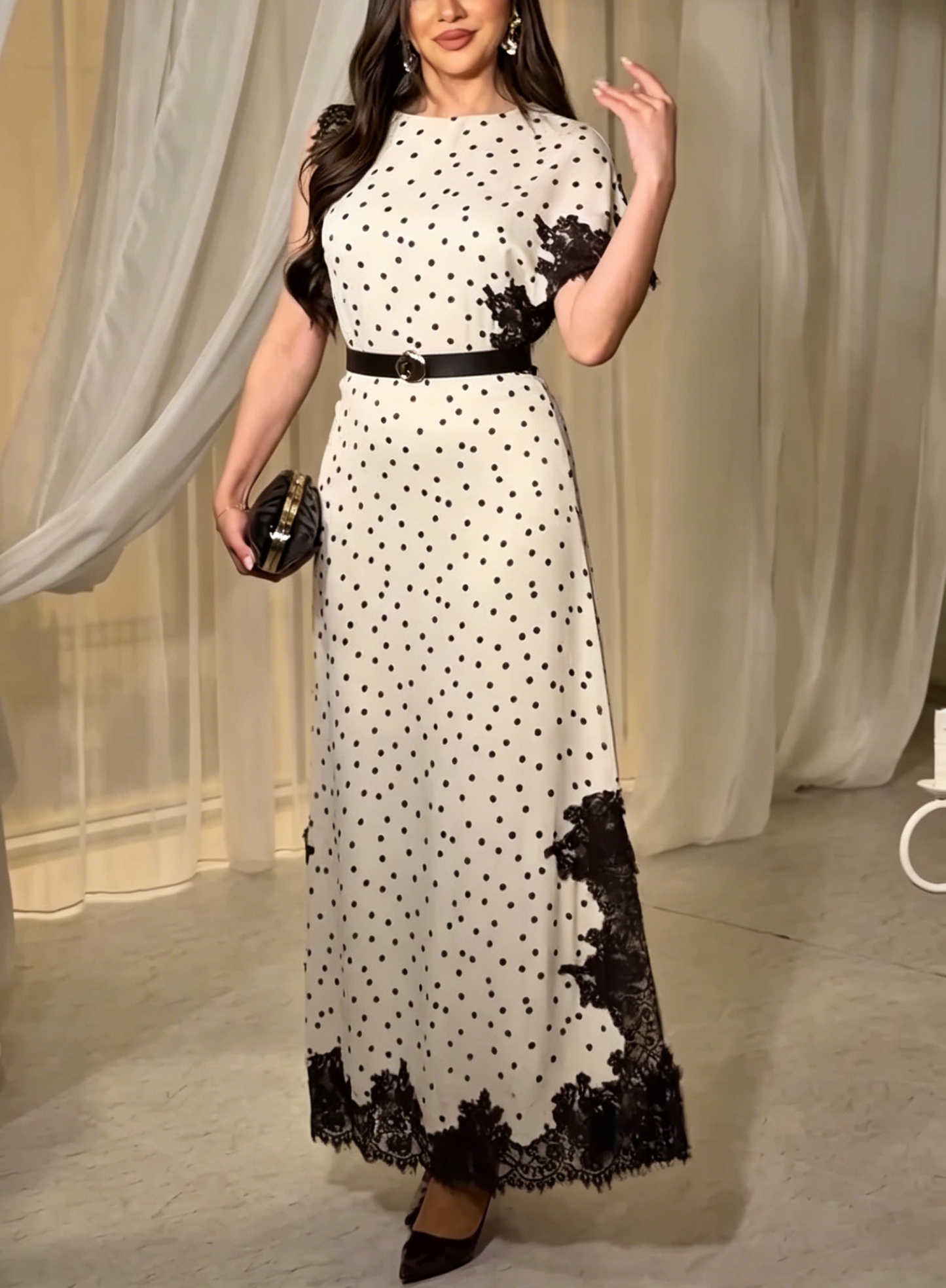 Cream Polka Dot Maxi Dress with Black Lace Trim
