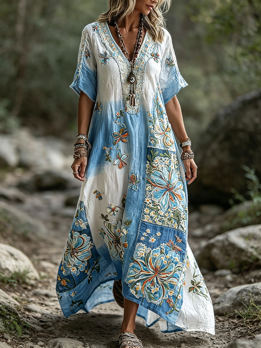 🌸 Women's Floral Embroidered Ombre Boho Maxi Dress