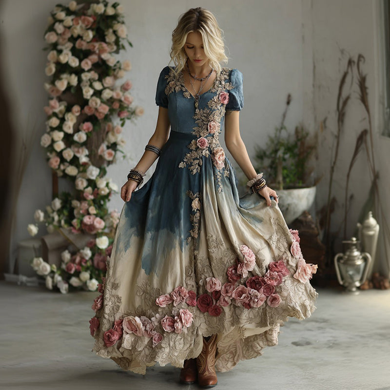 Women's Bohemian Pink Rose Patchwork Art V-neck Short Sleeve Maxi Dress