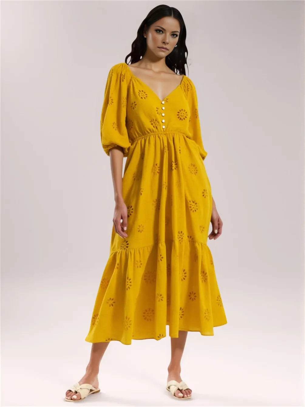 Short-Sleeved V-Neck Waist Slim A-Line Hollow Embroidered Dress
