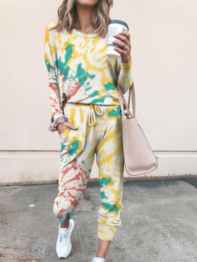 Women'S Casual Round Neck Tie-Dye Long Sleeve Two-Piece Set