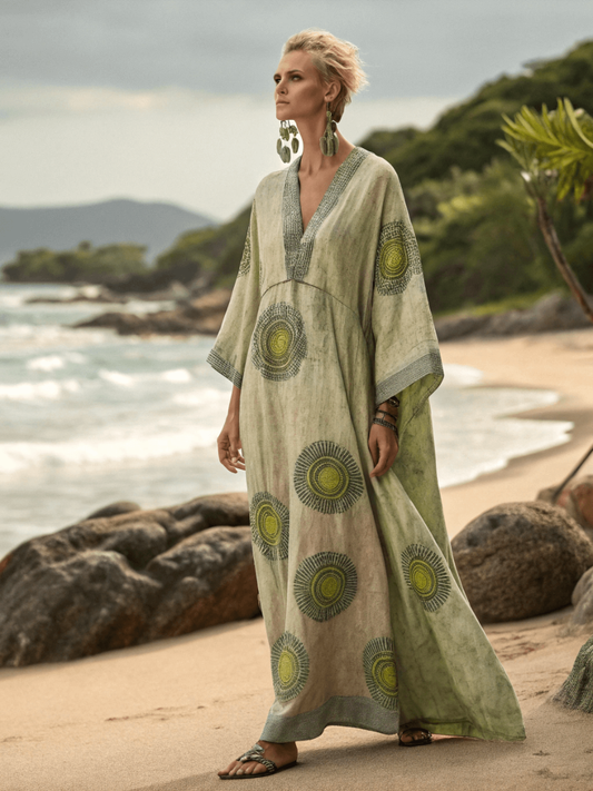 Linen Printed Kaftan Maxi Dress