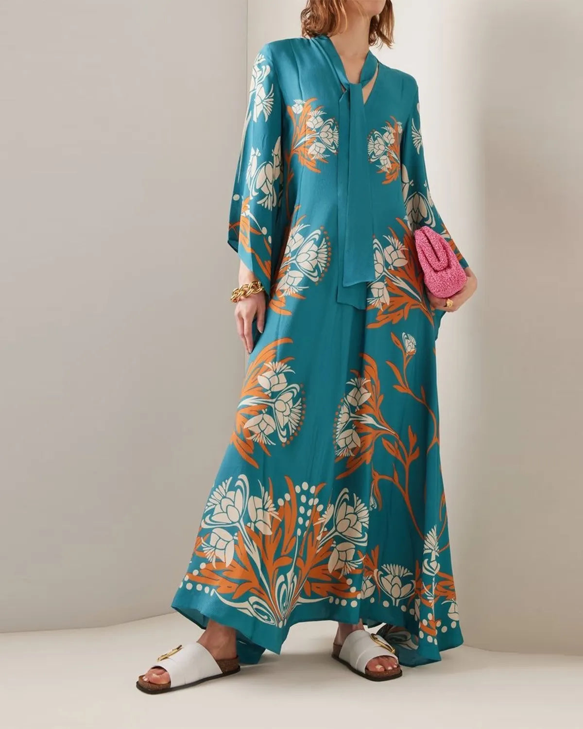 Casual Fashion Print Three-Quarter Sleeve Stand Collar Maxi Dress