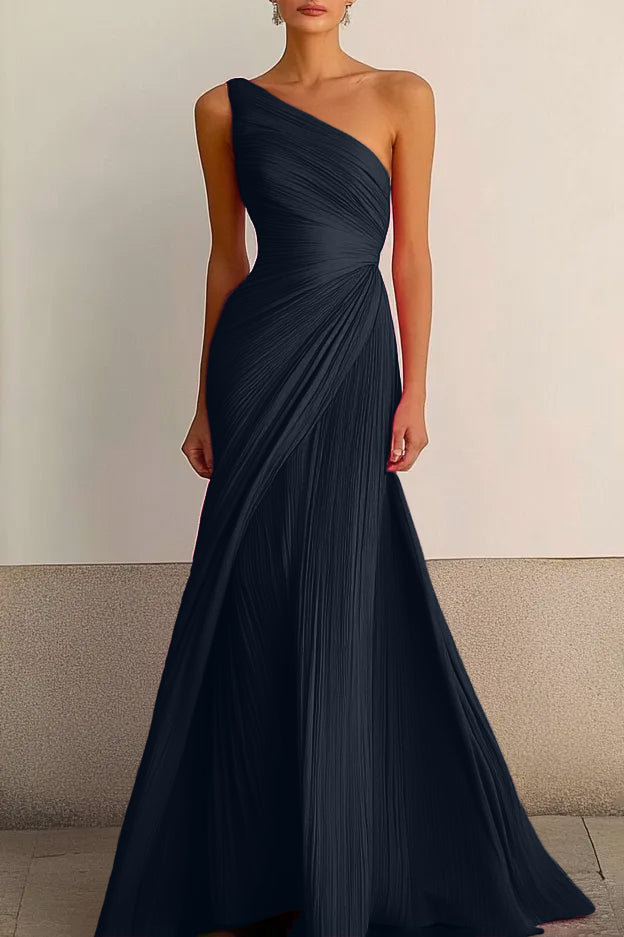 One Shoulder Pleated Maxi Dress Flowy Bodycon Gown Darted Waist Wedding Guest Dress