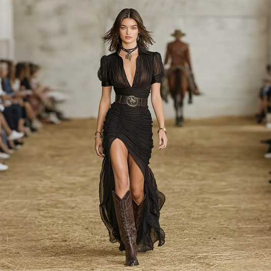 Vintage Black Sheer Maxi Dress with High Slit