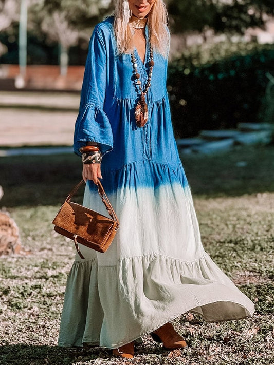 Women's Casual V-neck Long Sleeve Gradient Printed Splicing Dress