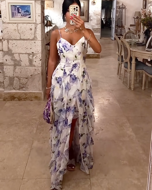 Purple Floral Print Corset Style Tiered Ruffle Maxi Dress