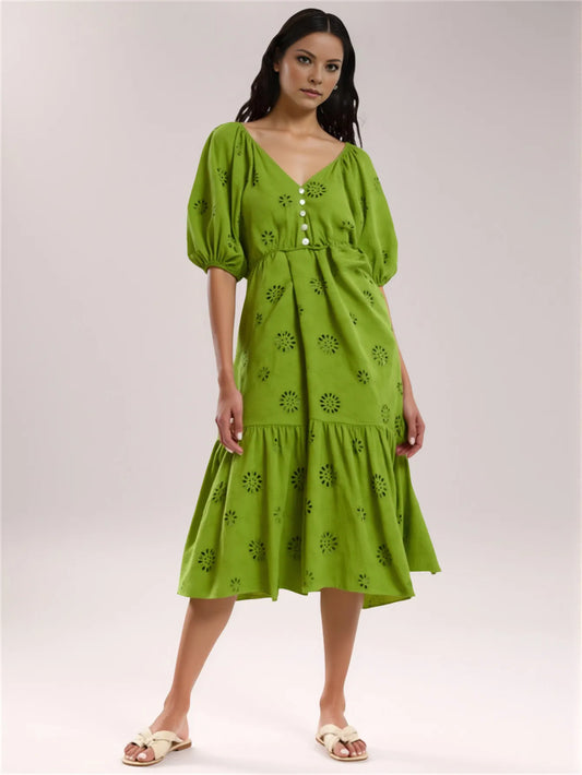 Short-Sleeved V-Neck Waist Slim A-Line Hollow Embroidered Dress