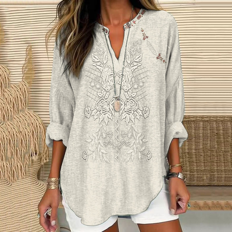 Vintage Embroidered Floral V-neck Linen Blend Blouse