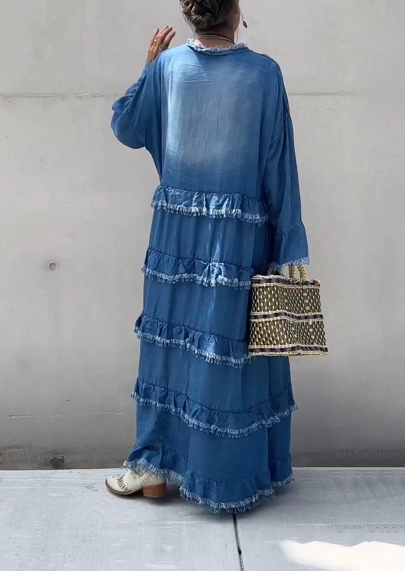 Oversized Tiered Ruffle Denim Maxi Dress with Fringe Details
