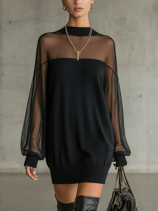 Black Sheer Mesh Sleeve High‐Neck Mini Dress