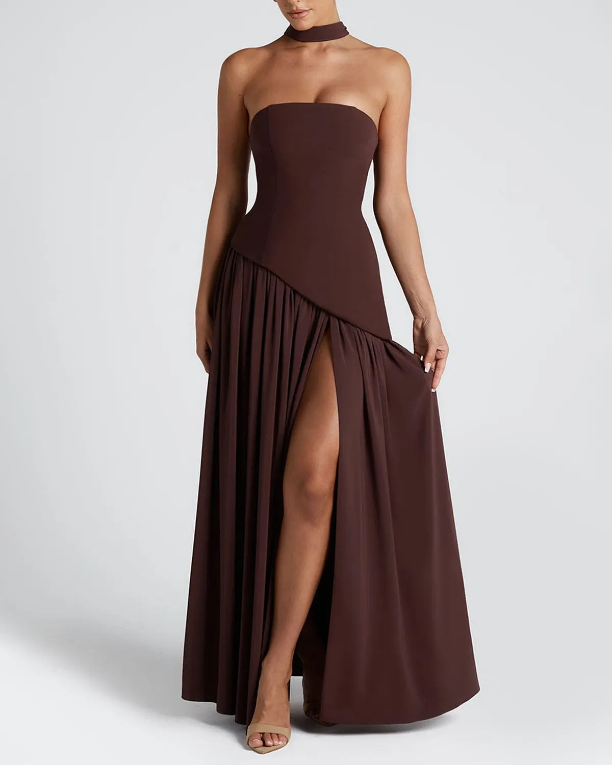 Elegant Vintage Sheath High Split Tea Solid/Black and White Colorblock Maxi Dress