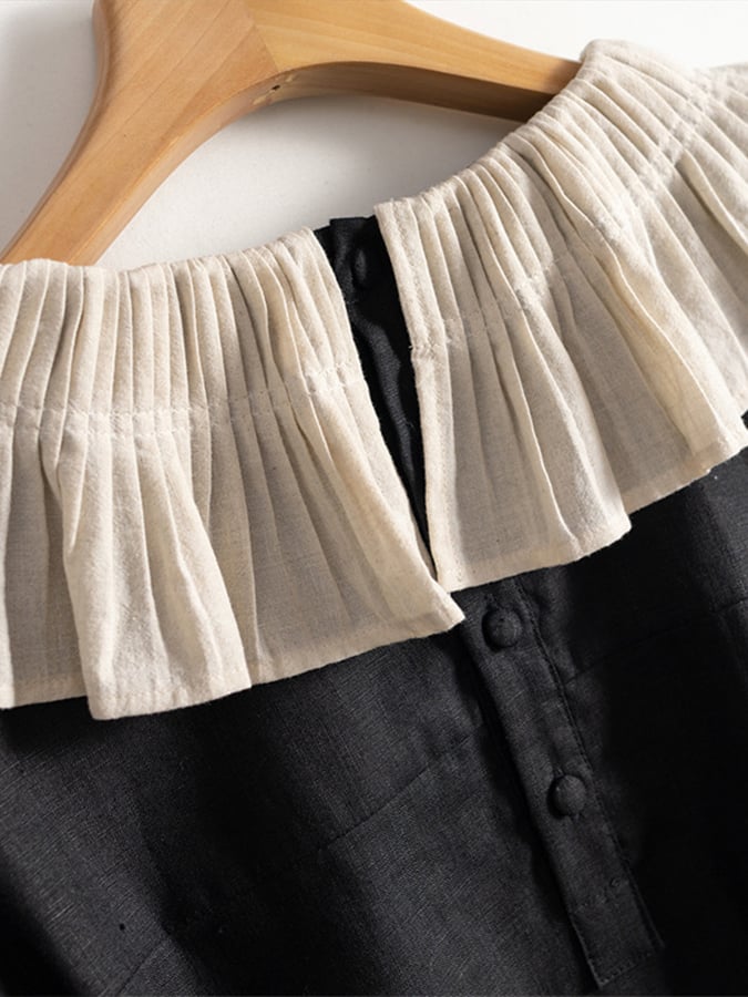 Cotton And Linen Doll Neck Flared Sleeves Ruffled Collar Vintage Dress