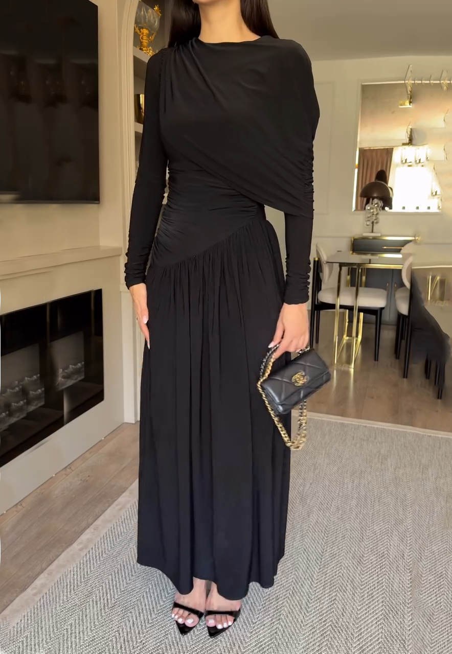 Asymmetrical Draped Shoulder Ruched Waist Maxi Dress