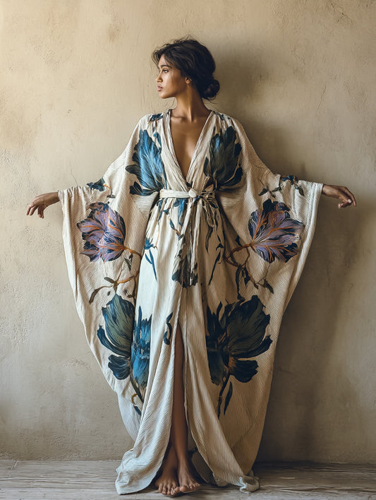 Women's Summer Leaves Kimono Linen Robe (Including Belt)