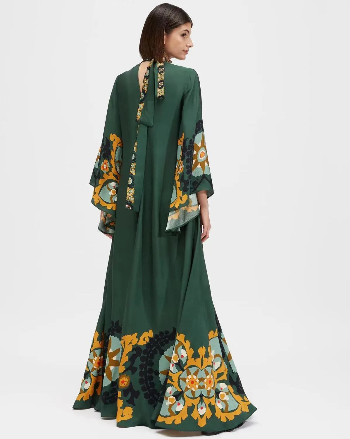 Casual Fashion Print Three-Quarter Sleeve Stand Collar Maxi Dress