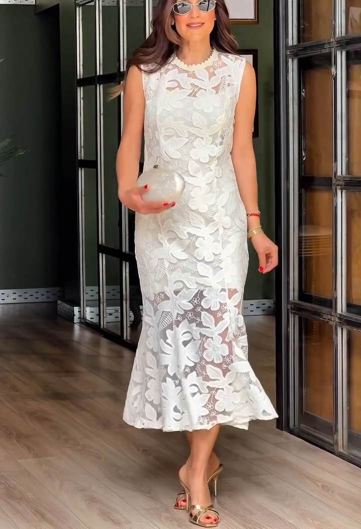 White Floral Lace Mermaid Midi Dress
