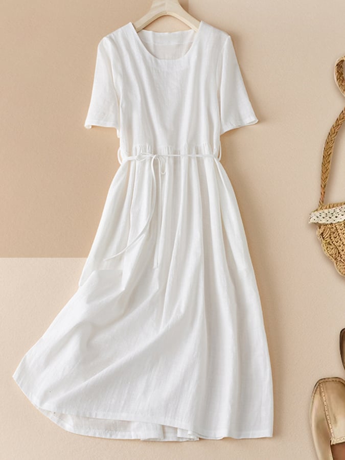 Cotton Linen Solid Color Round Neck Short Sleeve Dress
