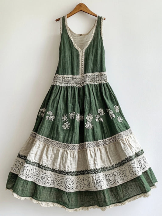 Vintage Lace Flowers Art Linen V Dress