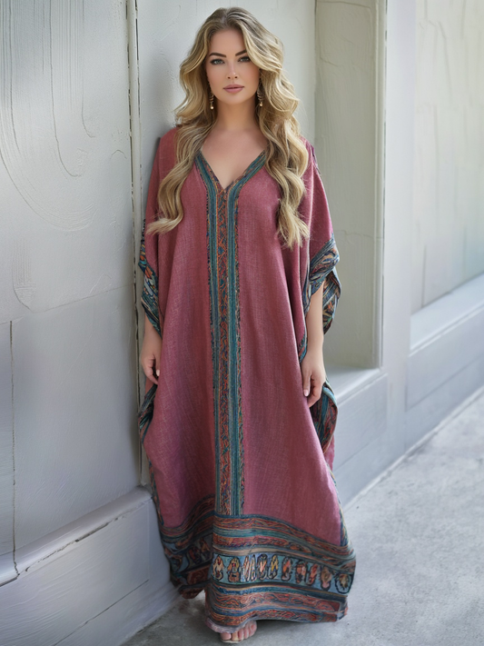Contton & Linen Long Sleeve Kaftan Maxi Dress