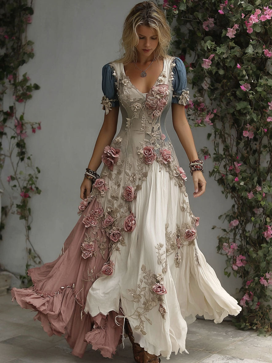 Women's Romantic Rose Embroidery Art Patchwork Flowing Linen Blend Maxi Dress