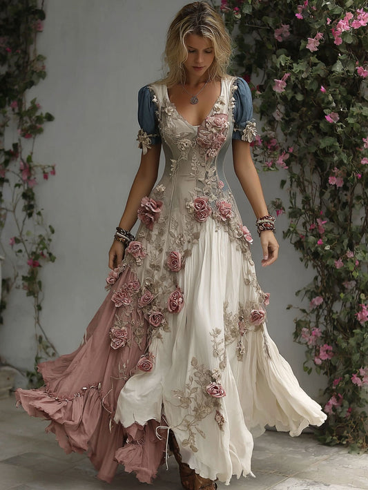 Women's Romantic Rose Embroidery Art Patchwork Flowing Linen Blend Maxi Dress
