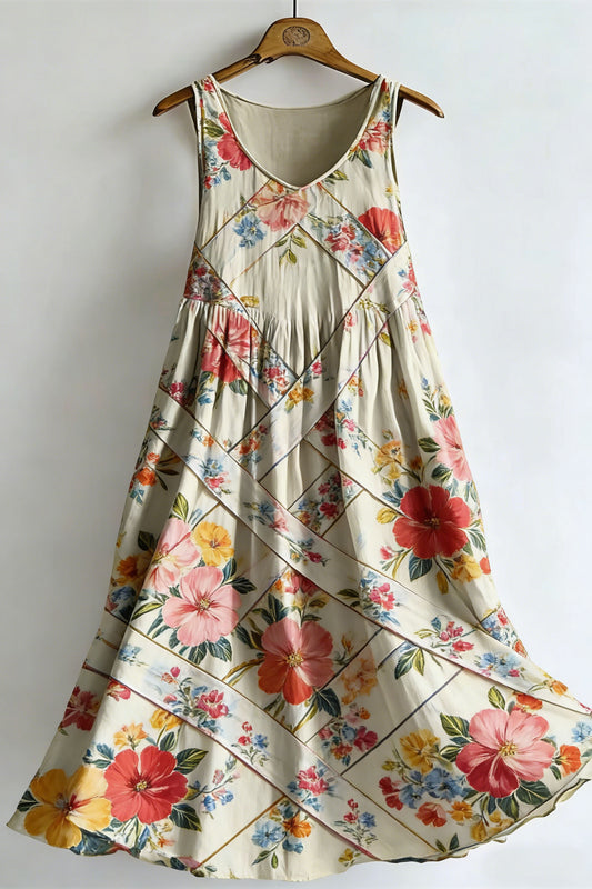 Women's Vintage Floral Colorblock Spaghetti Strap Cotton Dress