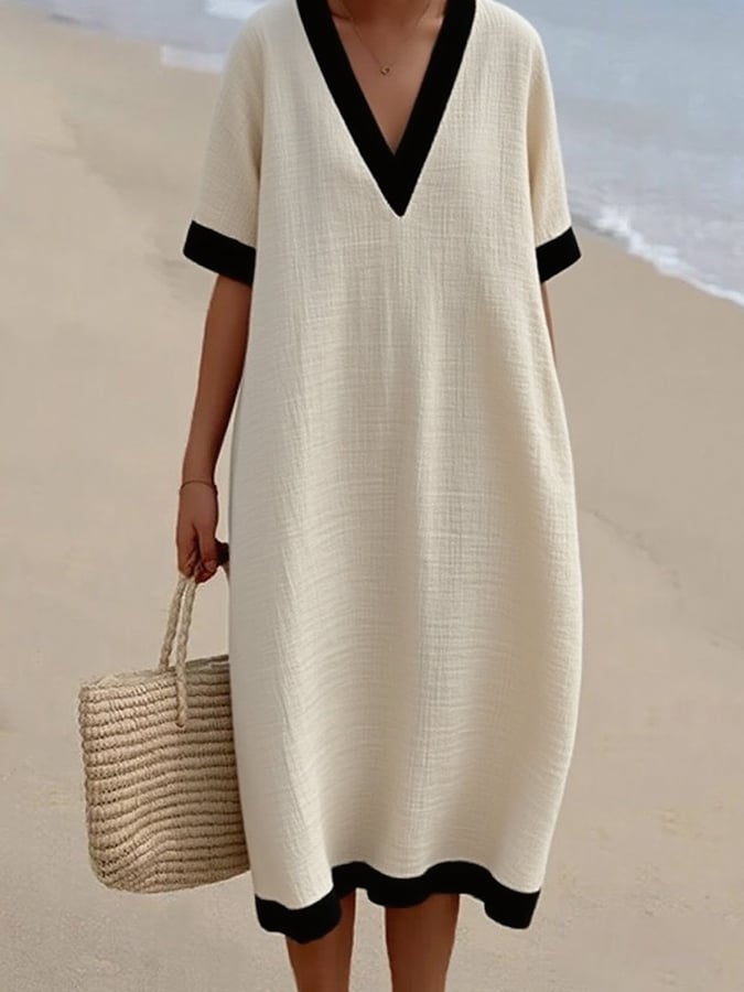 Women'S Casual Cotton And Linen Contrast Color V-Neck Short Sleeve Dress
