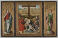 Triptych with The Lamentation of Christ center, St. Barbara left wing, St. Catherine of Alexandria right wing, The Annunciation reverse wings by Master of the Krainburg Altar (Austrian, active c. 1485–1510) - Classic Art canvas print