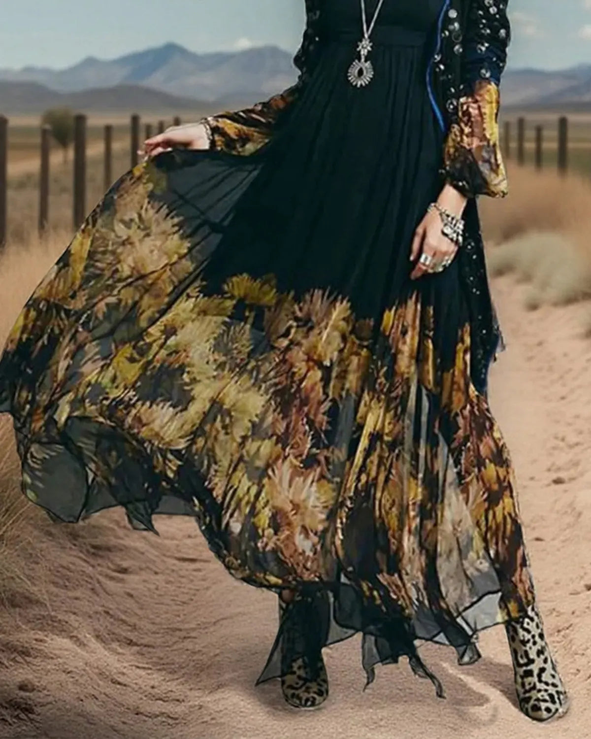 Daily Long Sleeve Floral Pleated Asymmetric Hem Maxi Dress