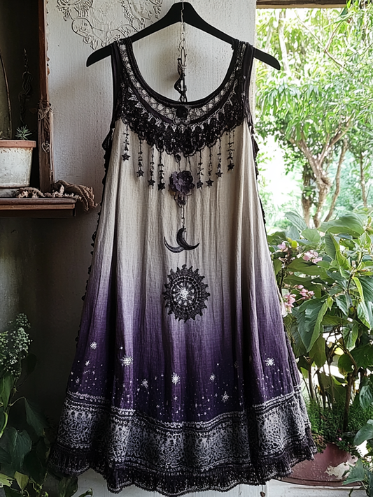 Women's Vintage Tribal Stars And Moon Embroidered Sleeveless Dress