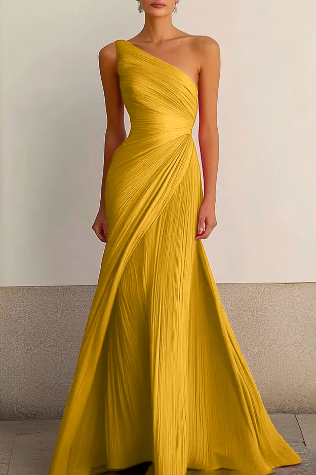 One Shoulder Pleated Maxi Dress Flowy Bodycon Gown Darted Waist Wedding Guest Dress