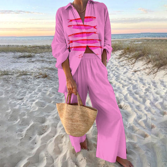 Women's Sardines Printed Shirt & Pants Two-piece Set