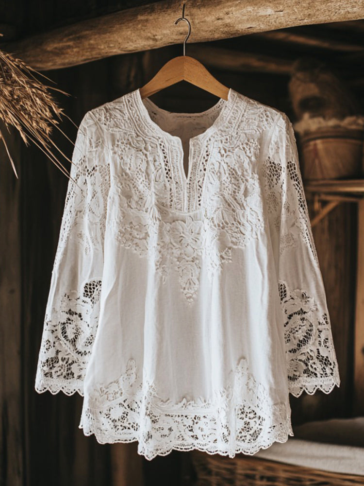 Vintage Lace Embroidered Tassel Linen Shirt