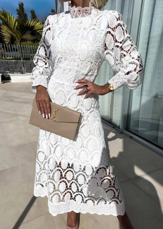 Stand-collar long-sleeve openwork lace maxi dress