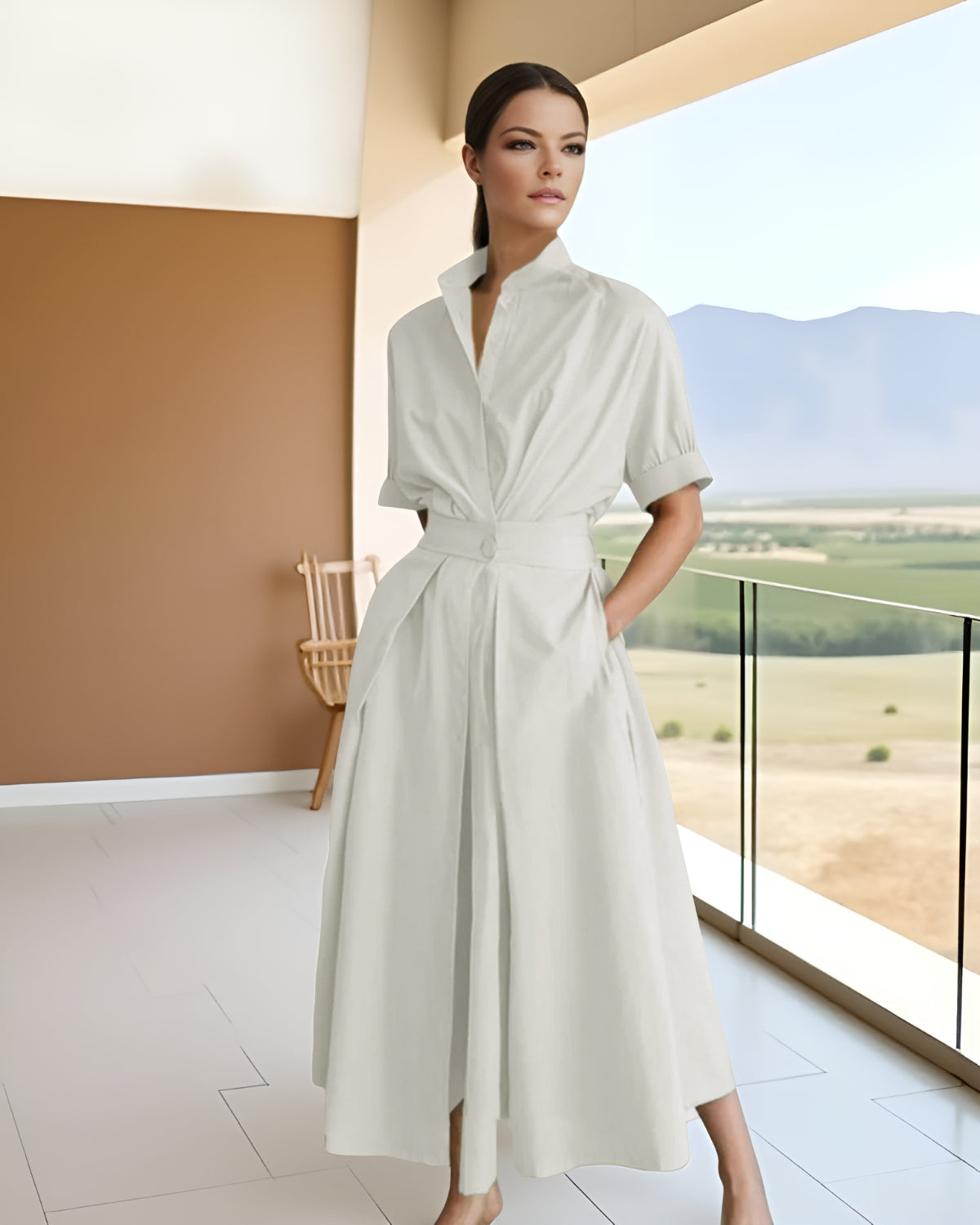 Solid-colored Waist-cinching Stand-collar Midi Dress