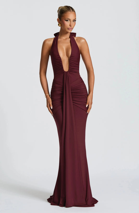 Solid Color Halterneck V-neck Open Back Tie Gathered Maxi Dress