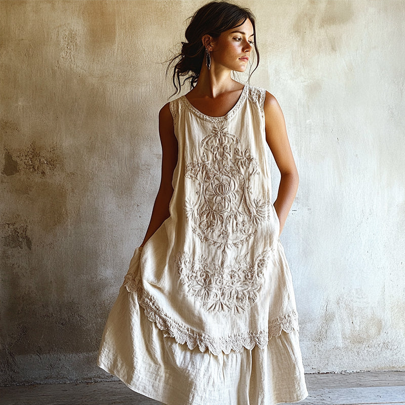 Vintage Floral Embroidered Linen Tank Dress | Scalloped Lace Hem