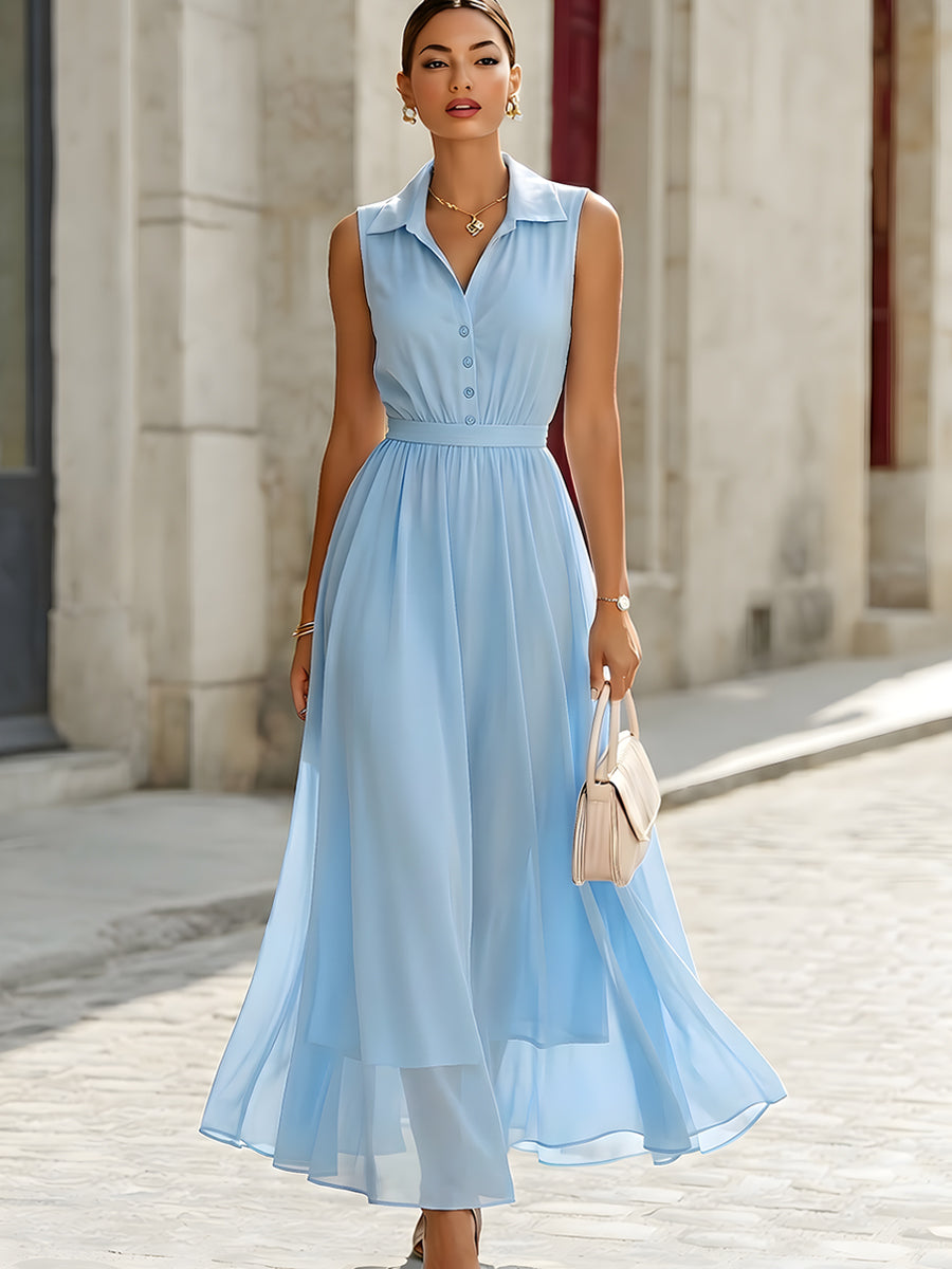 Sleeveless Collared Chiffon Shirt Maxi Dress