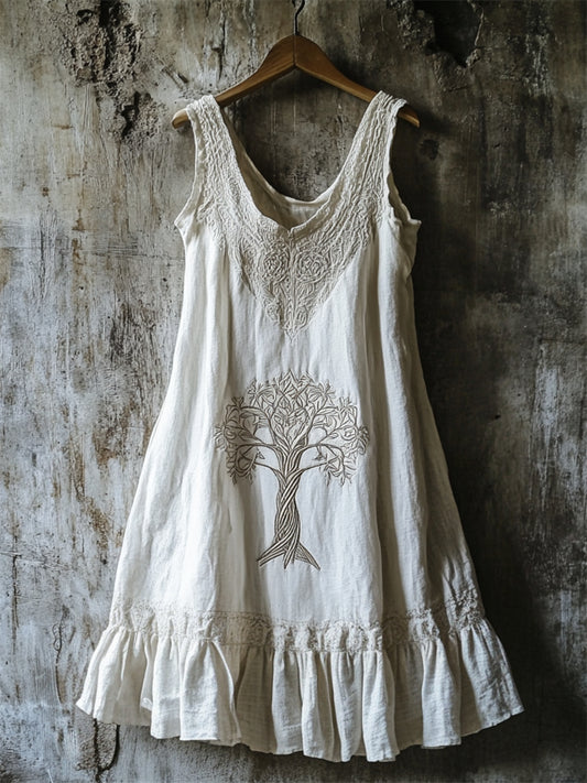 Tree Of Life Lace Patchwork Ruffle Hem Linen Dress
