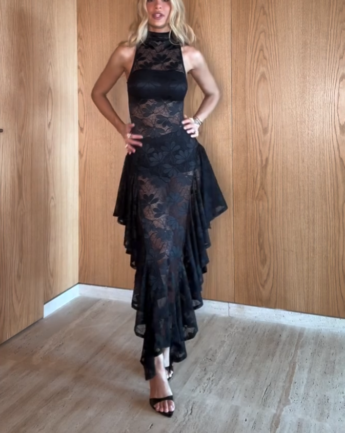 Black Lace High Neck Asymmetrical Tiered Ruffle Dress