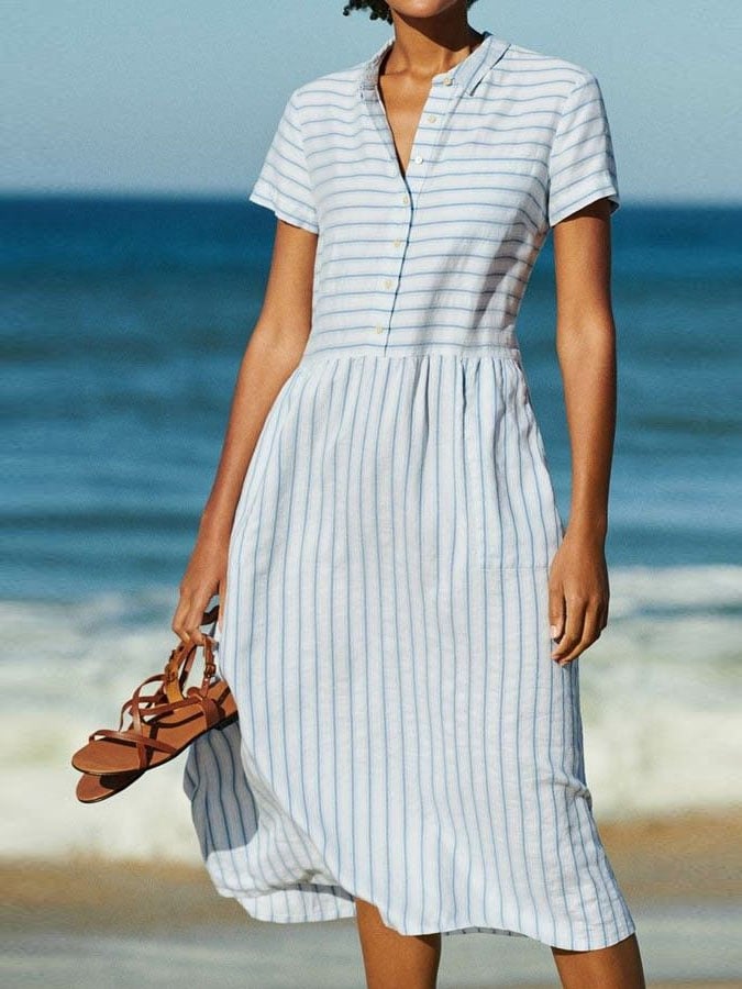 Women's Casual Solid Color Lapel Short Sleeve Striped Print Button Dress