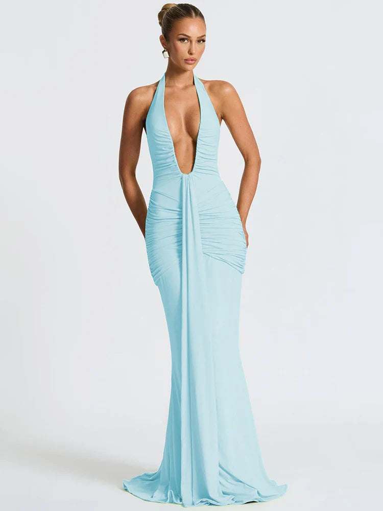 Solid Color Halterneck V-neck Open Back Tie Gathered Maxi Dress