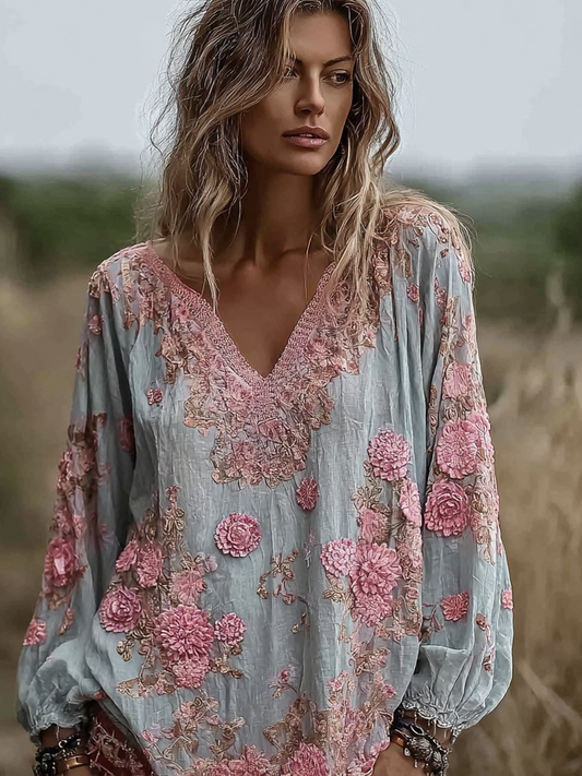Bohemian Retro Countryside Style Plant Flower Design Cotton And Linen Women's Long-sleeve Shirt