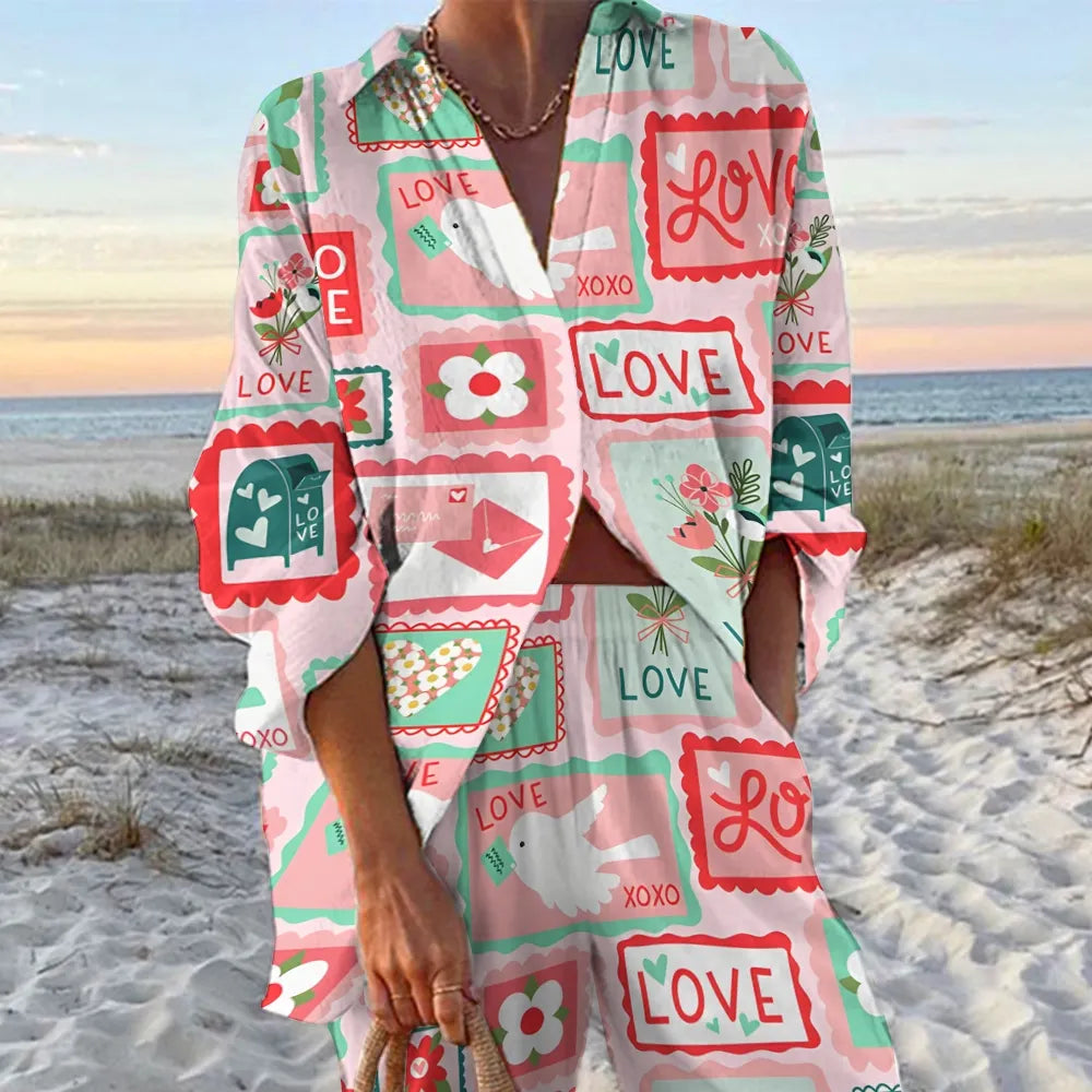 Women's Printed Shirt & Pants Two-piece Set 2412006857