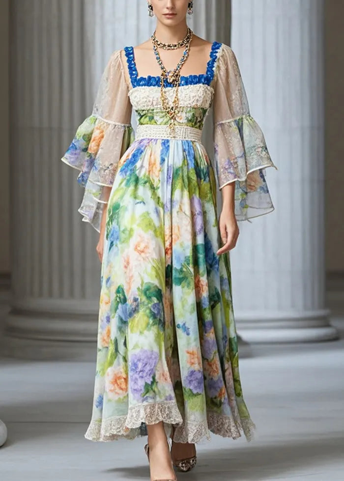 Women Square Collar Print Chiffon Vacation Dresses